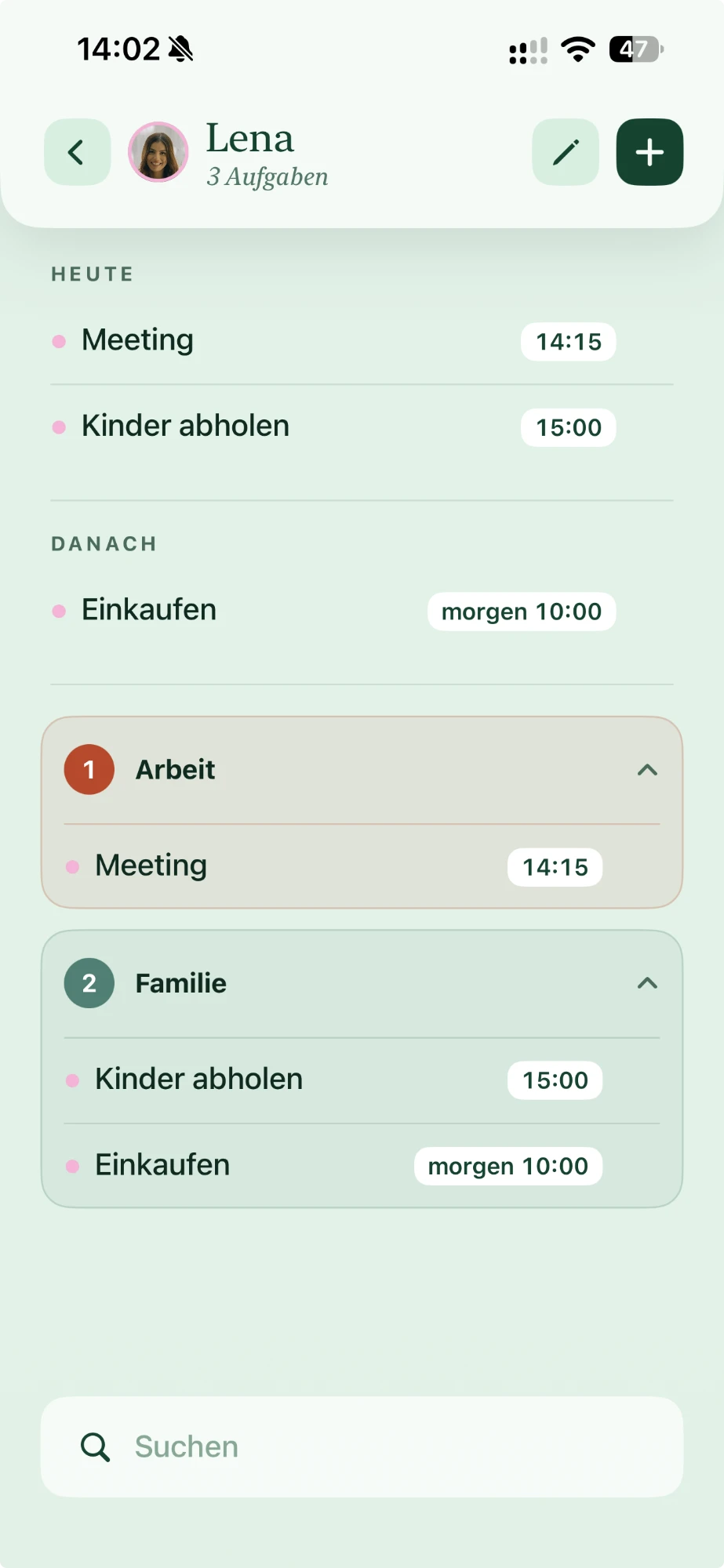 Die Ansicht einer Person: Lenas Aufgaben, darunter ihre Themen Arbeit und Familie