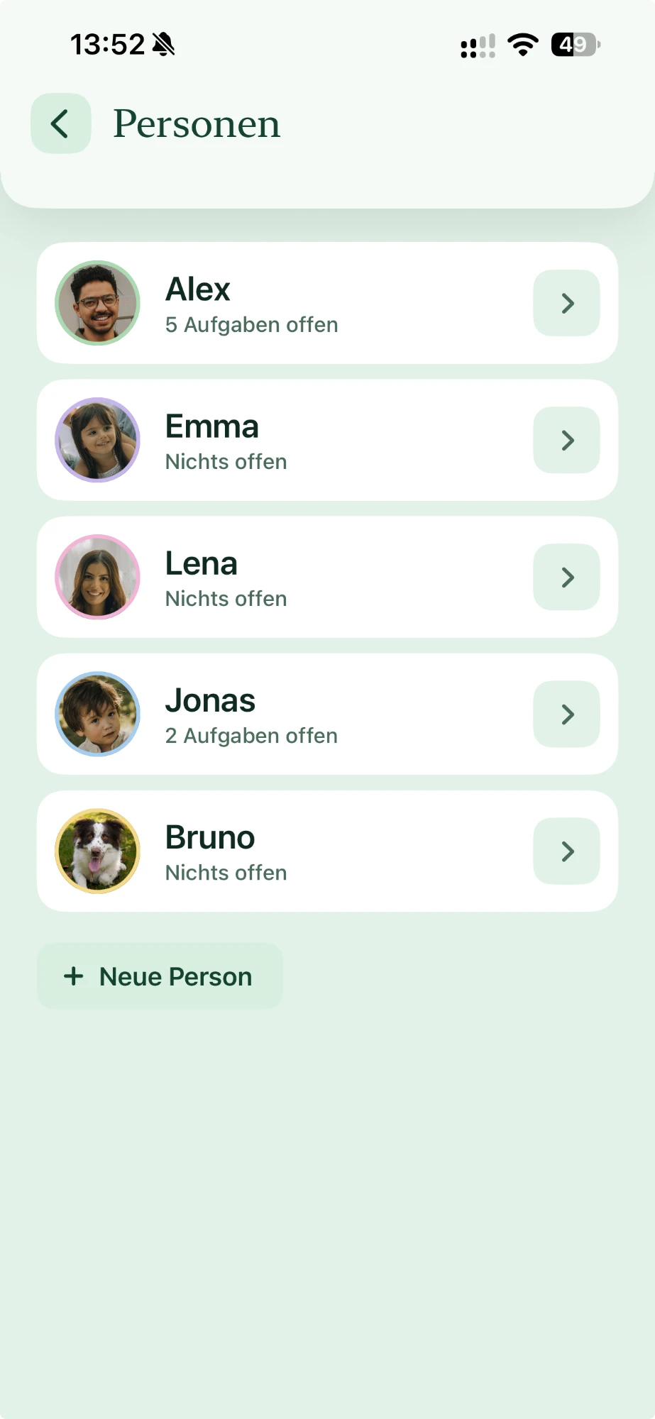 Die Personenübersicht in Nestwerk: Alex, Emma, Lena, Jonas und Bruno mit Foto, Farbe und der Zahl der offenen Aufgaben