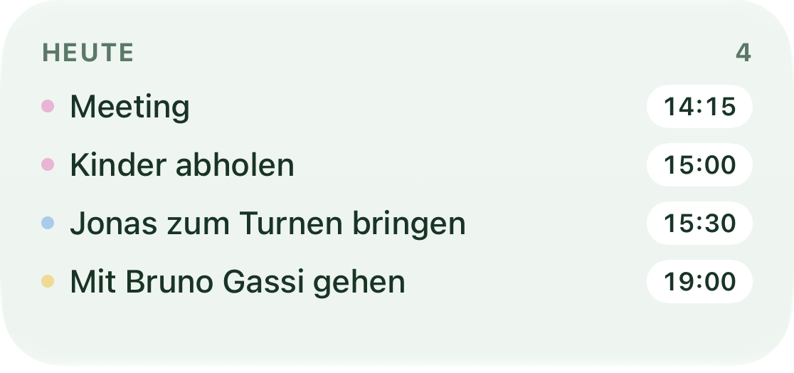 Mittleres Nestwerk-Widget mit allen Aufgaben: vier Zeilen mit Uhrzeit